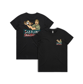 Black / Small Front & Large Back Design / XS Steve's Snaghouse 🌭 - Women's T Shirt