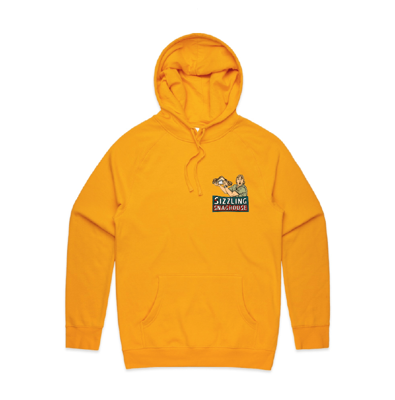 Gold / Small Front Print / S Steve's Snaghouse 🌭 - Unisex Hoodie