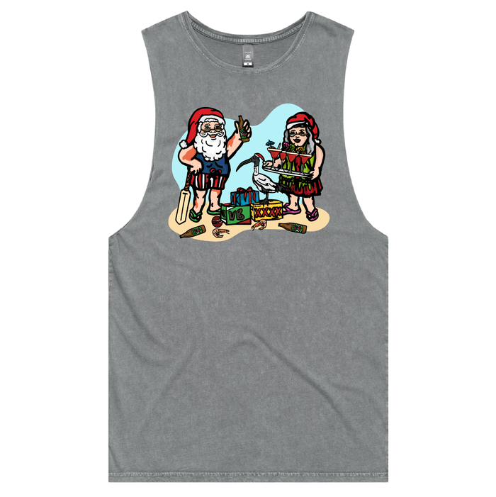 S / Ash / Large Front Design Aussie Christmas 🍤🍺 - Tank