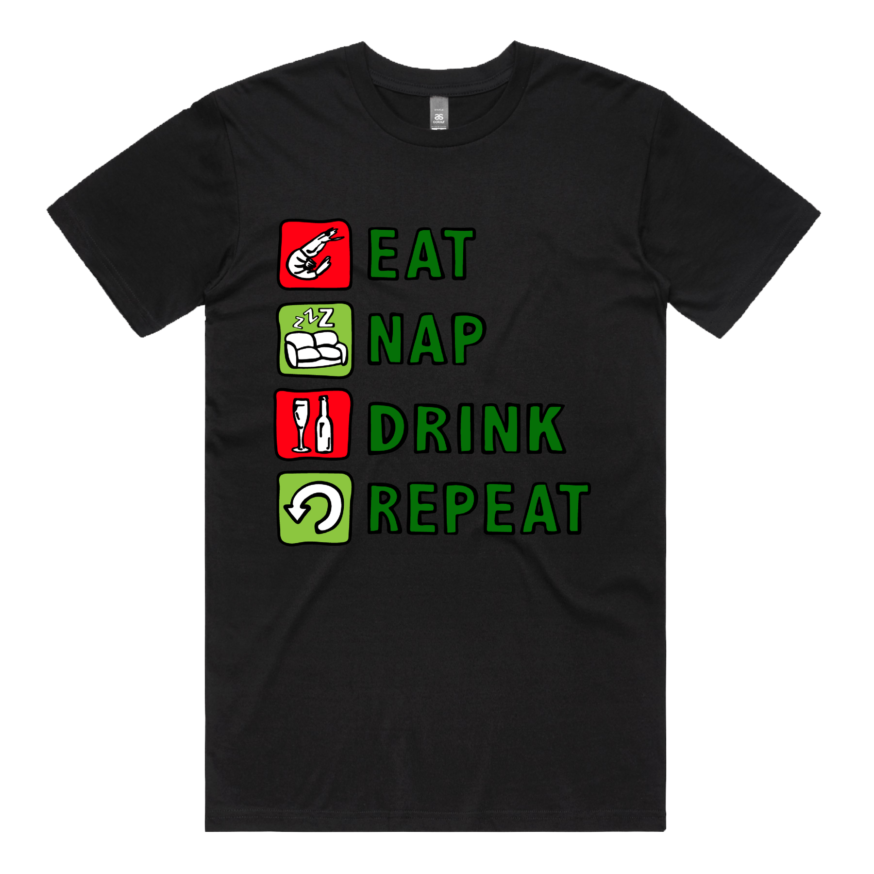S / Black / Large Front Design Eat Nap Drink Repeat 🦐💤 - Men's T Shirt