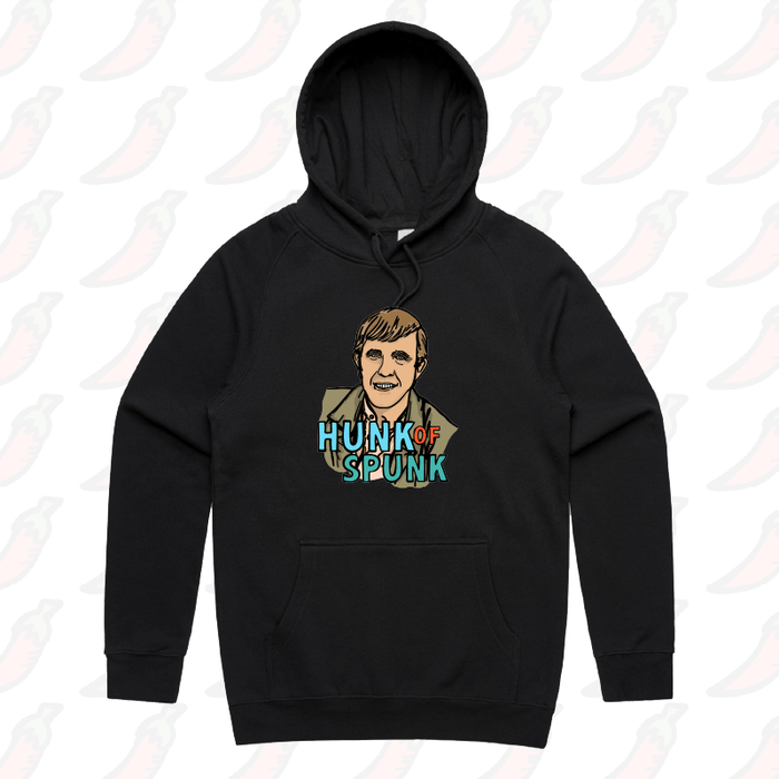S / Black / Large Front Print Hunk Of Spunk 👱- Unisex Hoodie