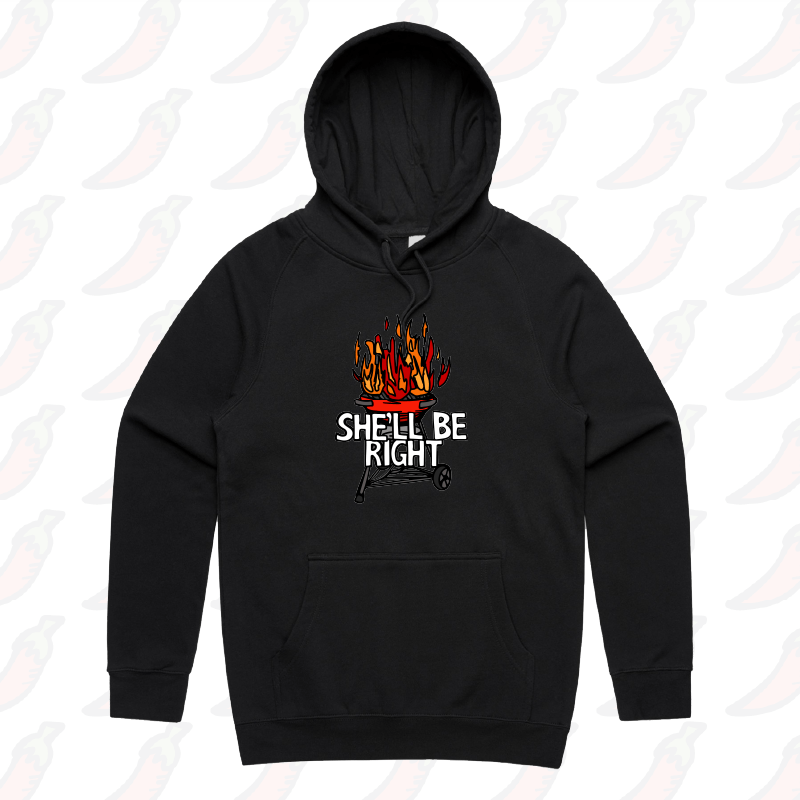S / Black / Large Front Print She’ll Be Right BBQ 🤷🔥 – Unisex Hoodie