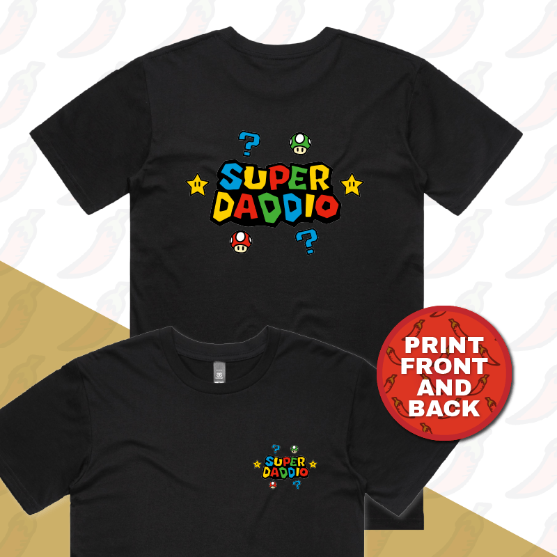 S / Black / Small Front & Large Back Design Super Daddio ⭐🍄 – Men's T Shirt