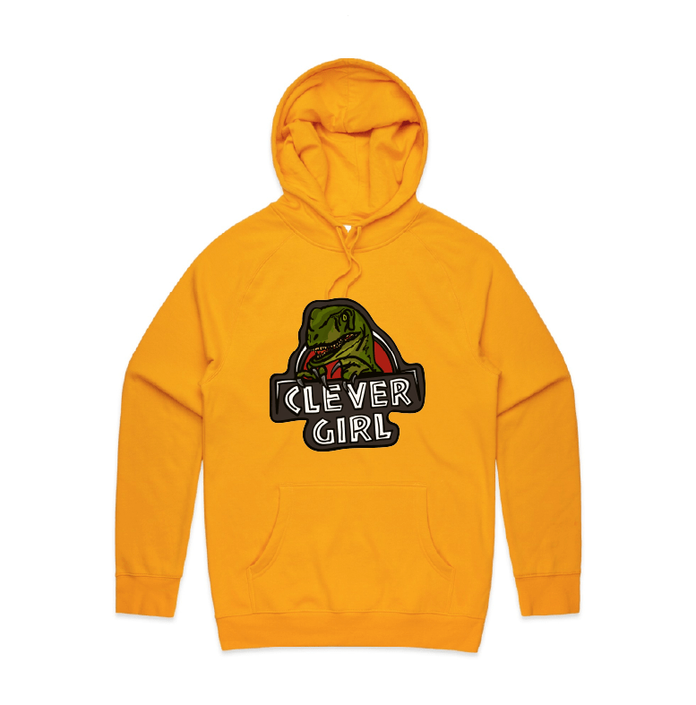 S / Gold / Large Front Design Clever Girl 🦖 - Unisex Hoodie