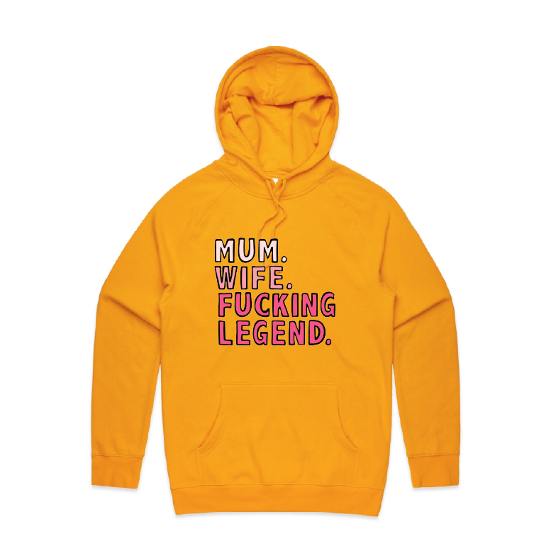S / Gold / Large Front Design Mum. Wife. Legend 🏅 - Unisex Hoodie