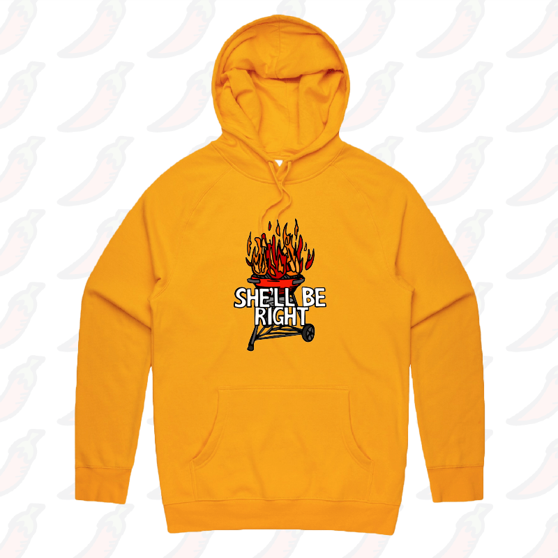 S / Gold / Large Front Print She’ll Be Right BBQ 🤷🔥 – Unisex Hoodie