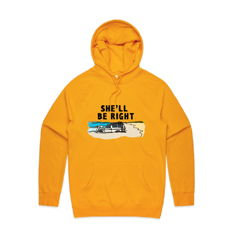 S / Gold / Large Front Print She'll Be Right 🤷‍♂️ - Unisex Hoodie