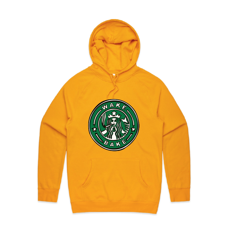 S / Gold / Large Front Print Wake & Bake 🚬 - Unisex Hoodie