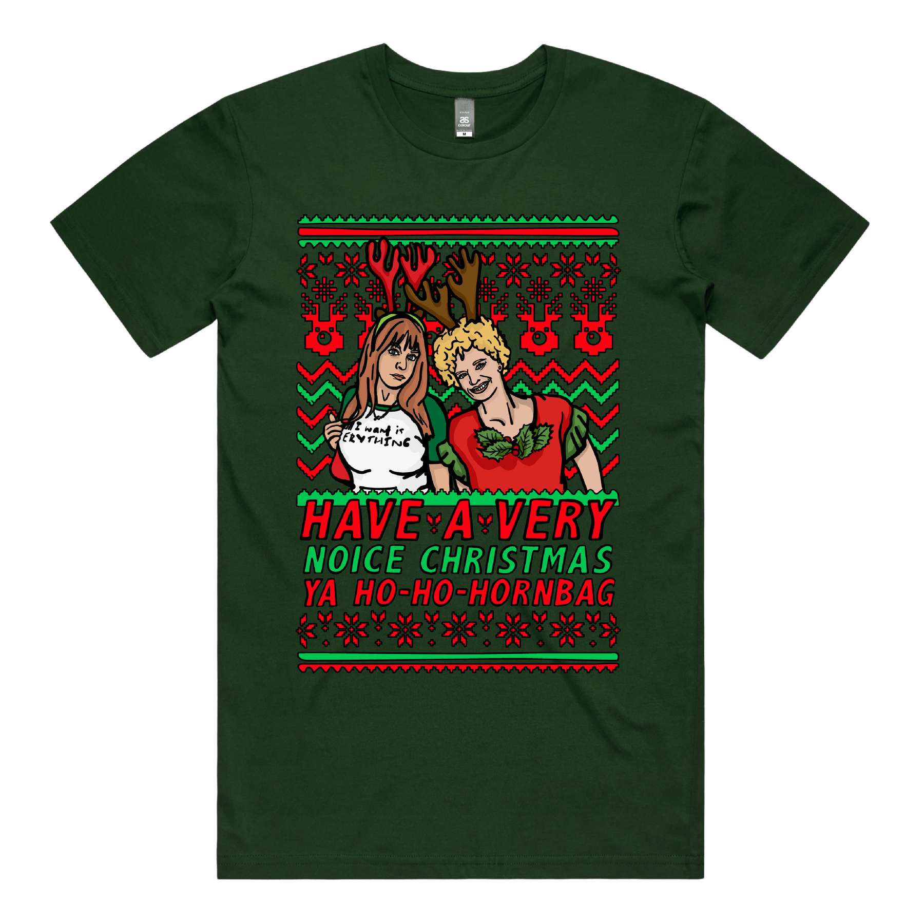 S / Green / Large Front Design Kath & Kim Christmas Pattern 😈🎄 – Men's T Shirt