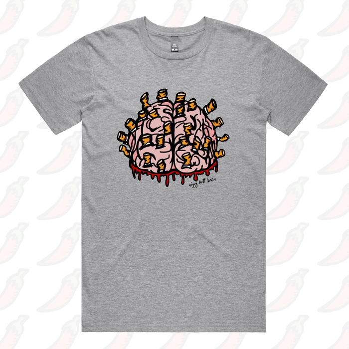 S / Grey / Large Front Design Ciggy Butt-Brain 🚬🧠 - Men's T Shirt