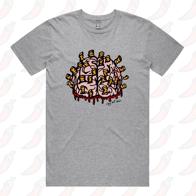 S / Grey / Large Front Design Ciggy Butt-Brain 🚬🧠 - Men's T Shirt
