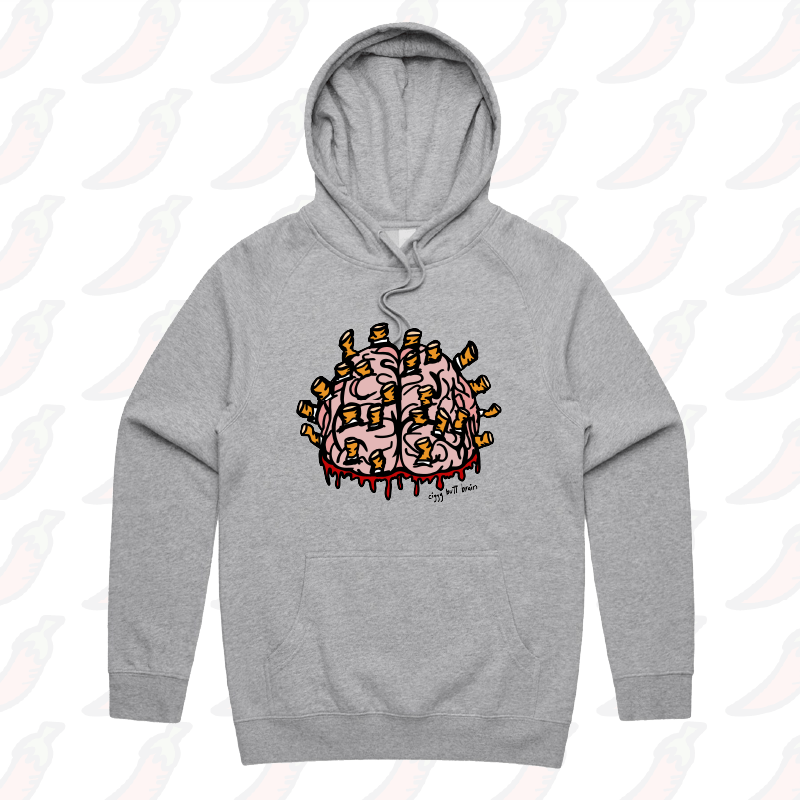 S / Grey / Large Front Print Ciggy Butt-Brain 🚬🧠 - Unisex Hoodie