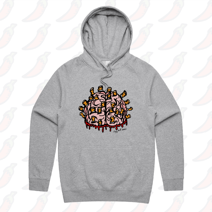 S / Grey / Large Front Print Ciggy Butt-Brain 🚬🧠 - Unisex Hoodie