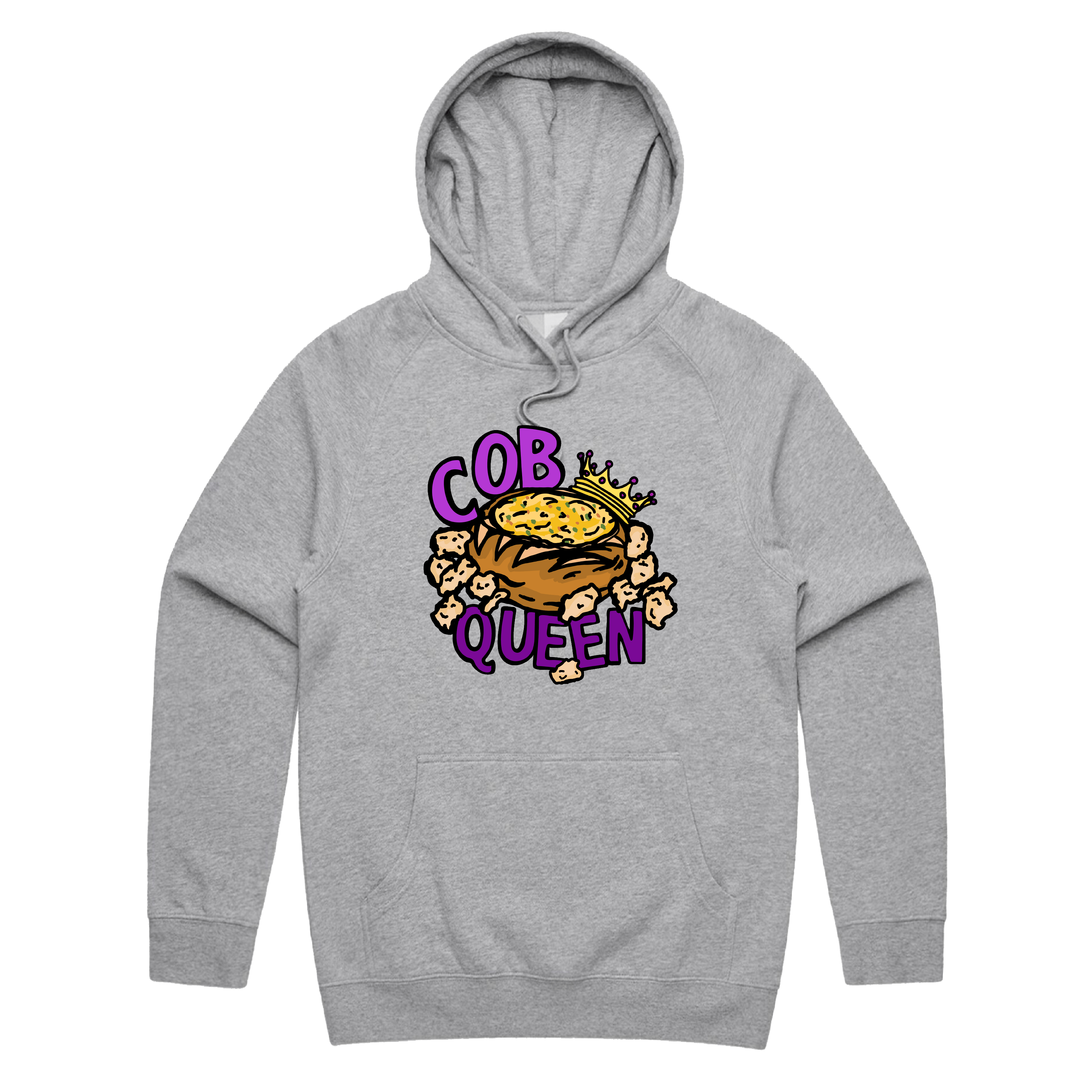 S / Grey / Large Front Print Cob Queen 👑🍞 – Unisex Hoodie
