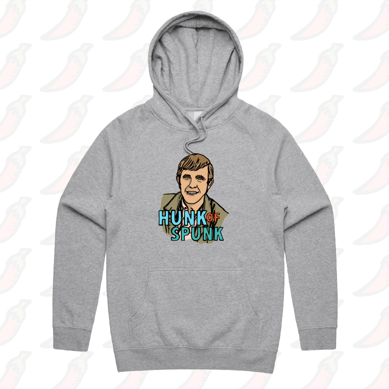 S / Grey / Large Front Print Hunk Of Spunk 👱- Unisex Hoodie