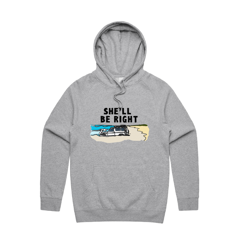 S / Grey / Large Front Print She'll Be Right 🤷‍♂️ - Unisex Hoodie