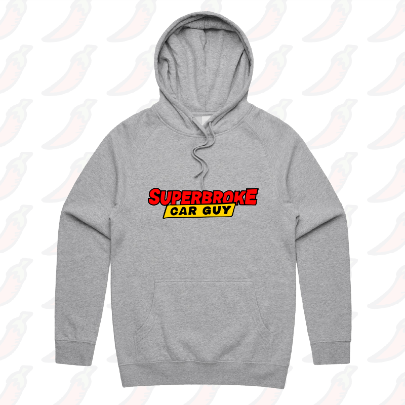 S / Grey / Large Front Print Superbroke Car guy 🚗💸 – Unisex Hoodie