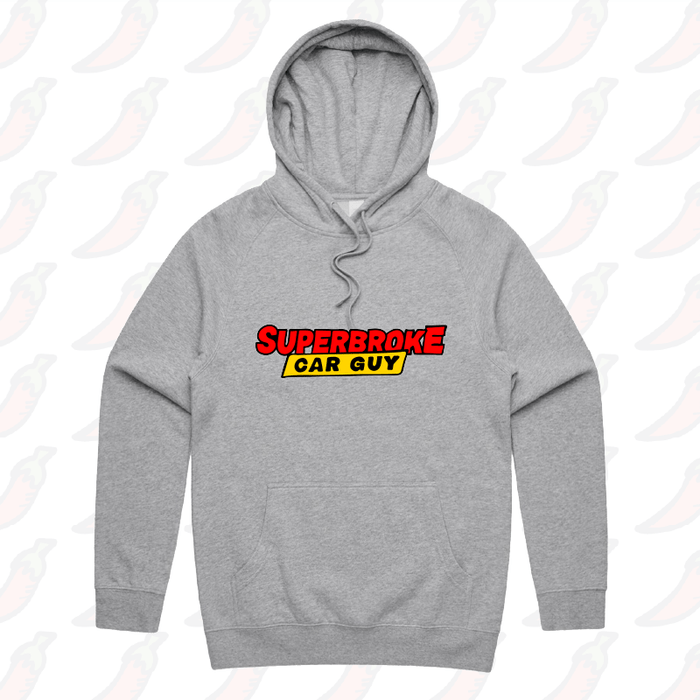 S / Grey / Large Front Print Superbroke Car guy 🚗💸 – Unisex Hoodie