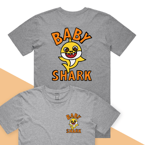 S / Grey / Small Front & Large Back Design Baby Shark 🦈 - Men's T Shirt