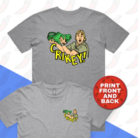 S / Grey / Small Front & Large Back Design Crikey! Croc Hunter 🐊 - Men's T Shirt