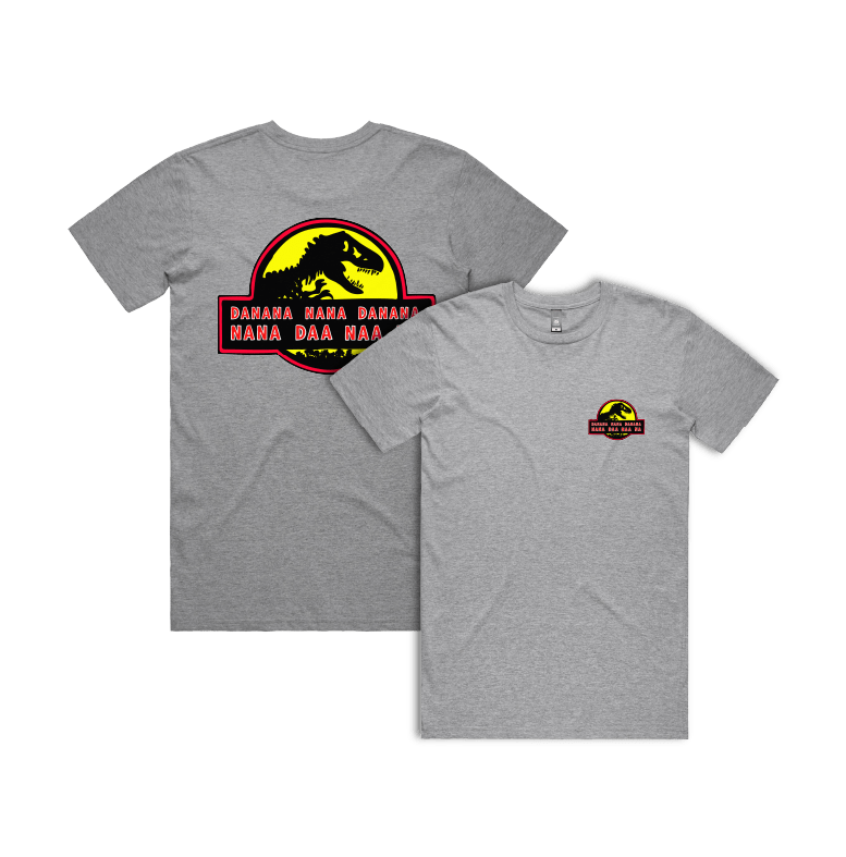 S / Grey / Small Front & Large Back Design Jurassic Park Theme 🦕 - Men's T Shirt