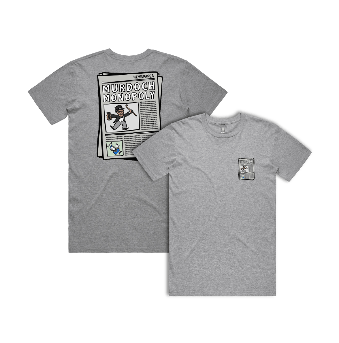 S / Grey / Small Front & Large Back Design Murdoch Monopoly 📰 - Men's T Shirt