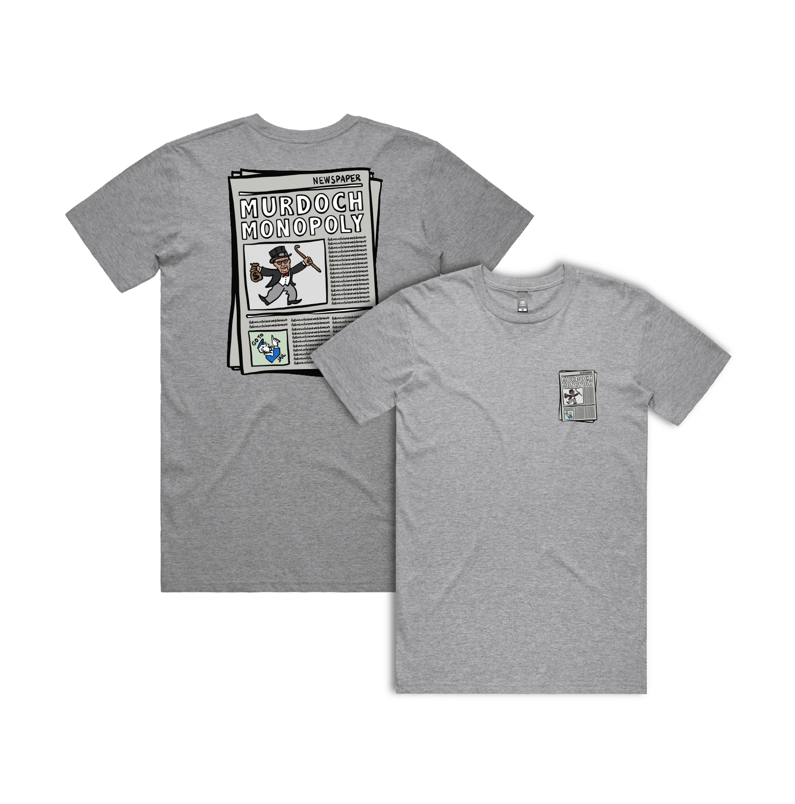 S / Grey / Small Front & Large Back Design Murdoch Monopoly 📰 - Men's T Shirt