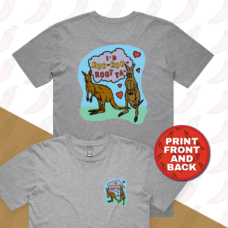 S / Grey / Small Front & Large Back Design Roo Roo Root Ya 🦘 – Men's T Shirt
