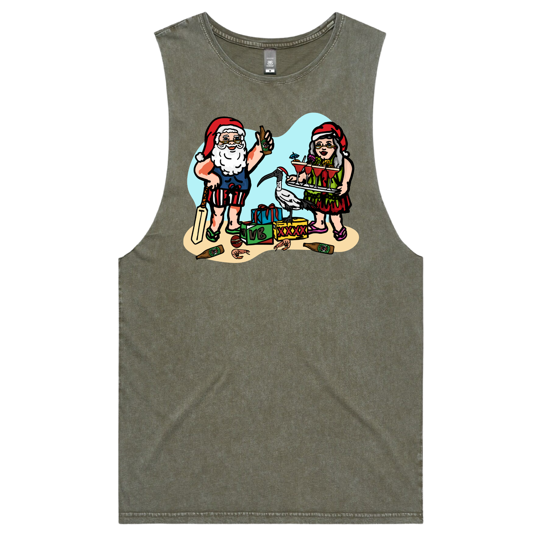 S / Moss / Large Front Design Aussie Christmas 🍤🍺 - Tank