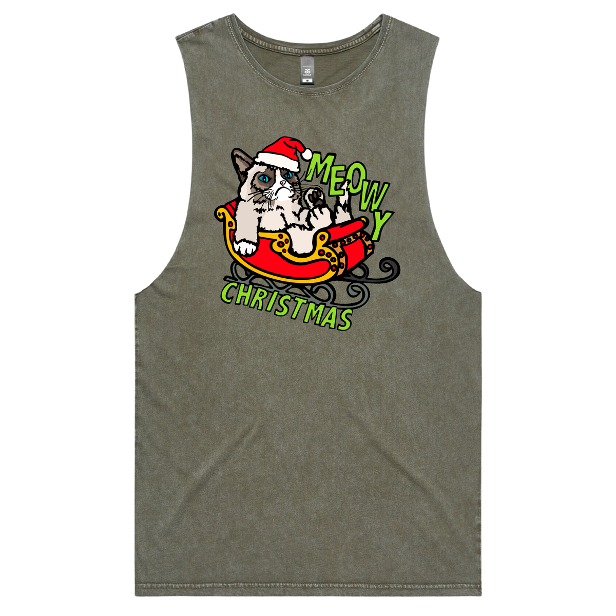 S / Moss / Large Front Design Meowy Christmas 😾🎄 – Tank