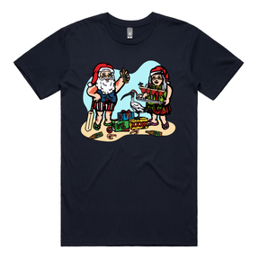 S / Navy / Large Front Design Aussie Christmas 🍤🍺 - Men's T Shirt