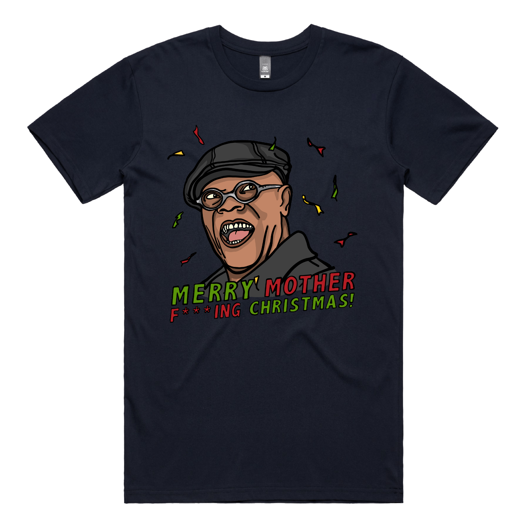 S / Navy / Large Front Design Merry Mother F**** Christmas 👨🏾‍🦲🎄- Men's T Shirt