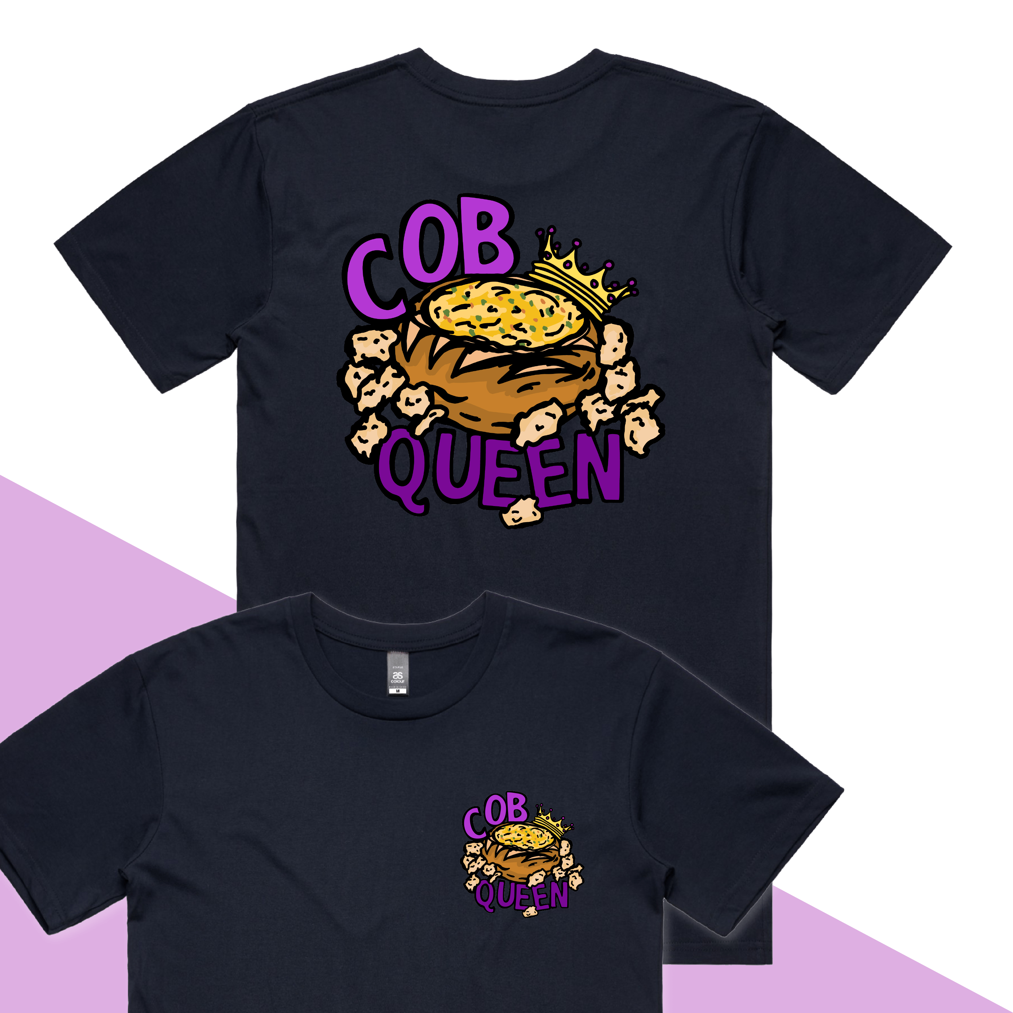 S / Navy / Small Front & Large Back Design Cob Queen 👑🍞 – Men's T Shirt