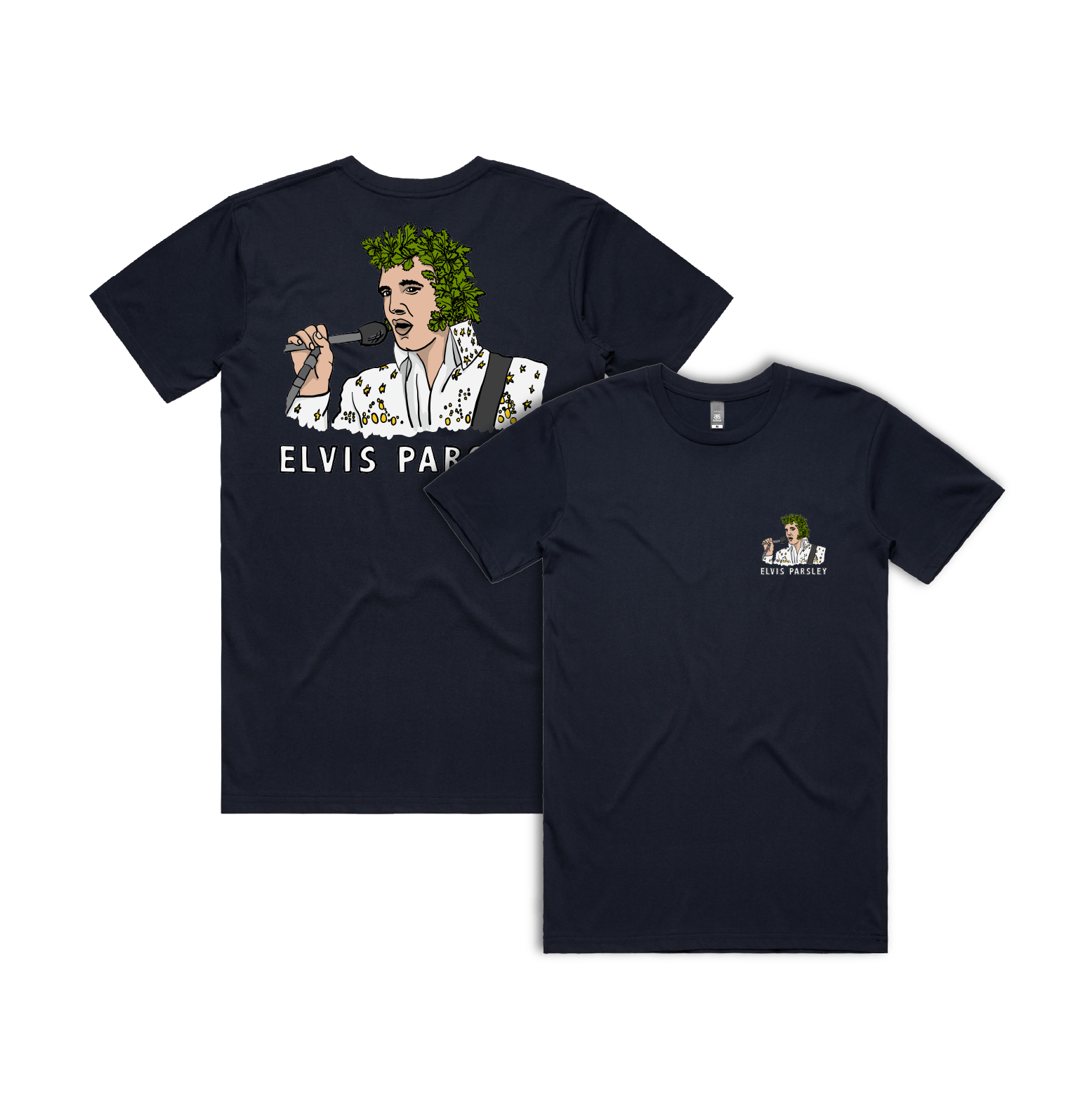 S / Navy / Small Front & Large Back Design Elvis Parsley 🌿 - Men's T Shirt