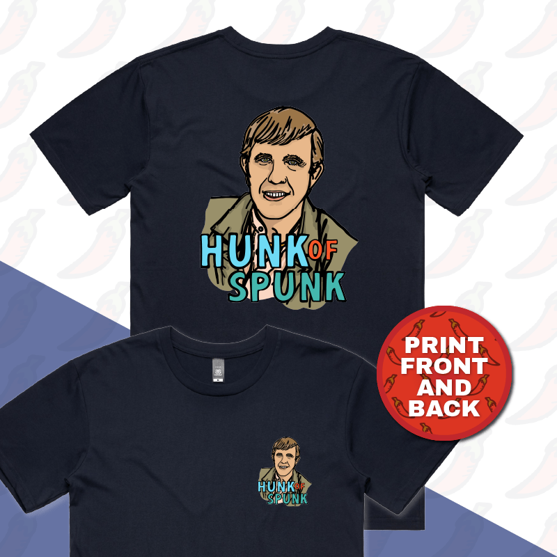 S / Navy / Small Front & Large Back Design Hunk Of Spunk 👱- Men's T Shirt