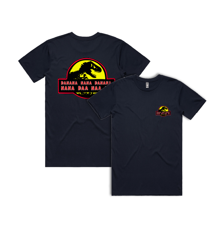 S / Navy / Small Front & Large Back Design Jurassic Park Theme 🦕 - Men's T Shirt