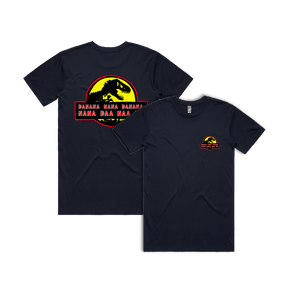 S / Navy / Small Front & Large Back Design Jurassic Park Theme 🦕 - Men's T Shirt