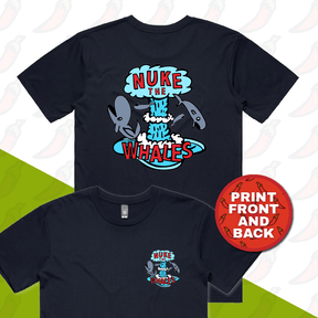 S / Navy / Small Front & Large Back Design Nuke The Whales 💣🐳 – Men's T Shirt