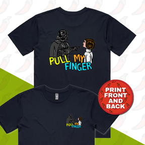 S / Navy / Small Front & Large Back Design Pull My Finger 👉 – Men's T Shirt