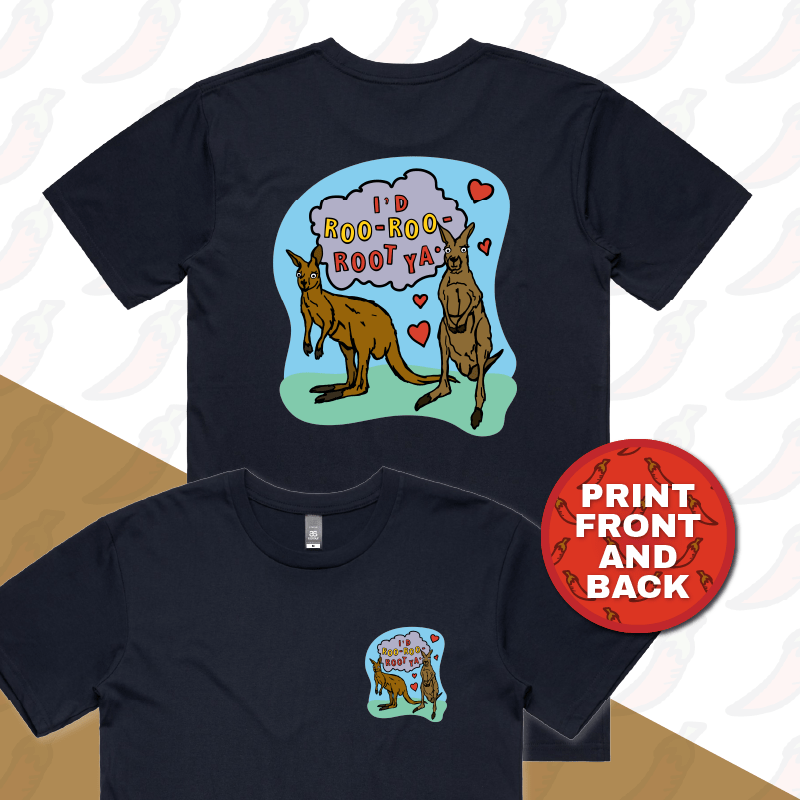 S / Navy / Small Front & Large Back Design Roo Roo Root Ya 🦘 – Men's T Shirt