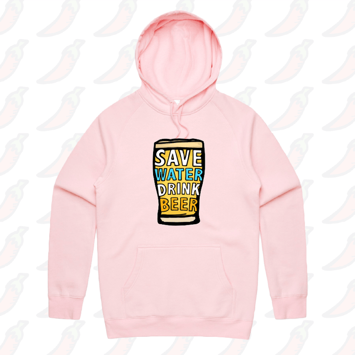 S / Pink / Large Front Print Save Water Drink Beer 🚱🍺 - Unisex Hoodie