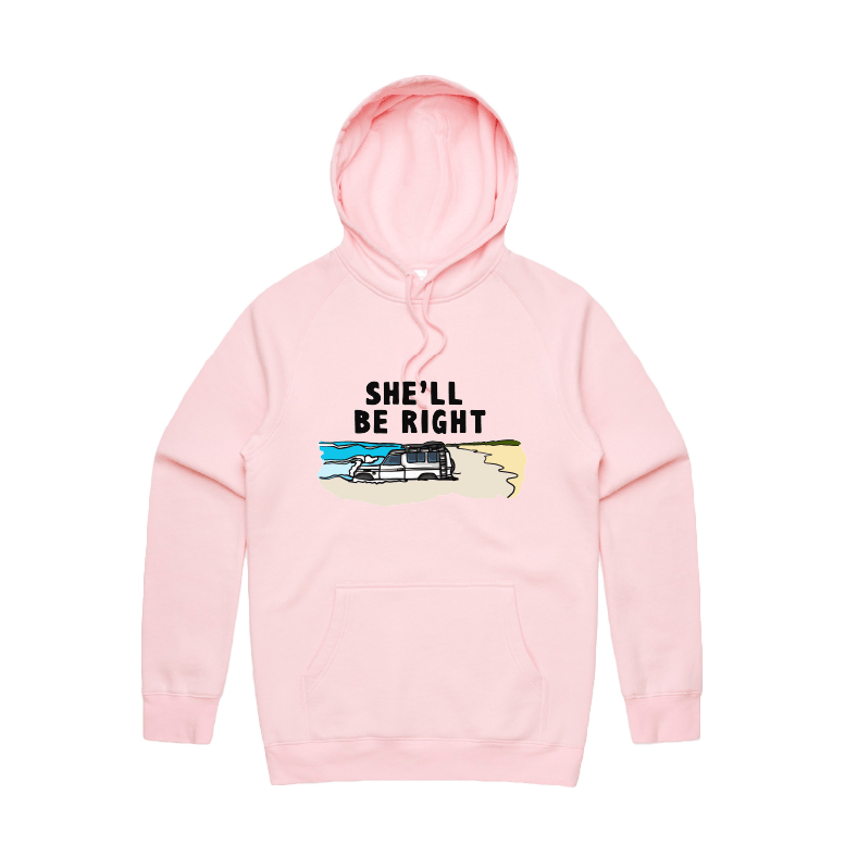 S / Pink / Large Front Print She'll Be Right 🤷‍♂️ - Unisex Hoodie