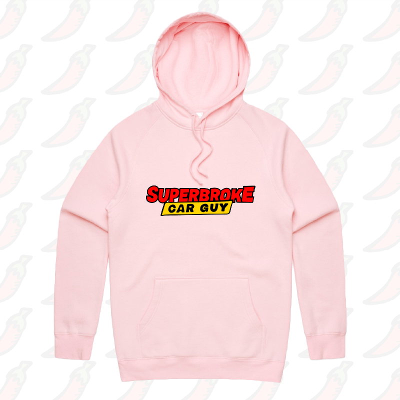S / Pink / Large Front Print Superbroke Car guy 🚗💸 – Unisex Hoodie