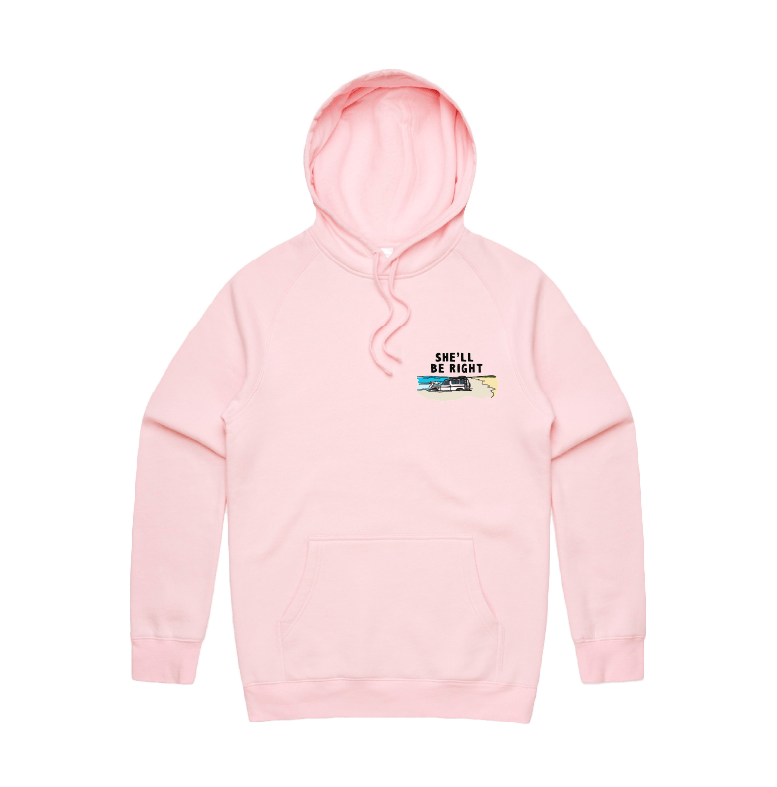 S / Pink / Small Front Print She'll Be Right 🤷‍♂️ - Unisex Hoodie