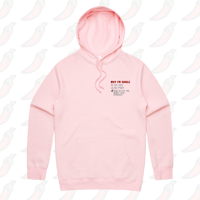 S / Pink / Small Front Print Why I’m Single 🍆☠️ - Unisex Hoodie