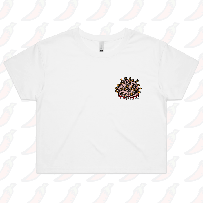 S / White Ciggy Butt-Brain 🚬🧠- Women's Crop Top