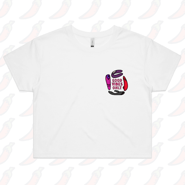 S / White Good Vibes Only 🍡 – Women's Crop Top