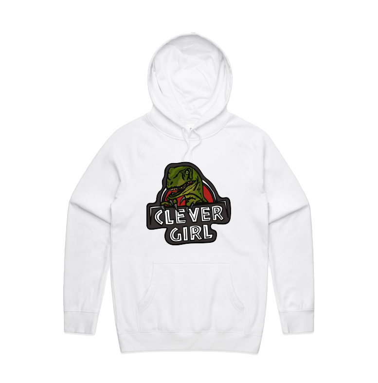 S / White / Large Front Design Clever Girl 🦖 - Unisex Hoodie
