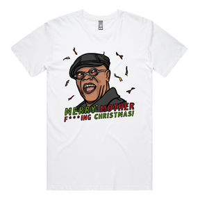 S / White / Large Front Design Merry Mother F**** Christmas 👨🏾‍🦲🎄- Men's T Shirt