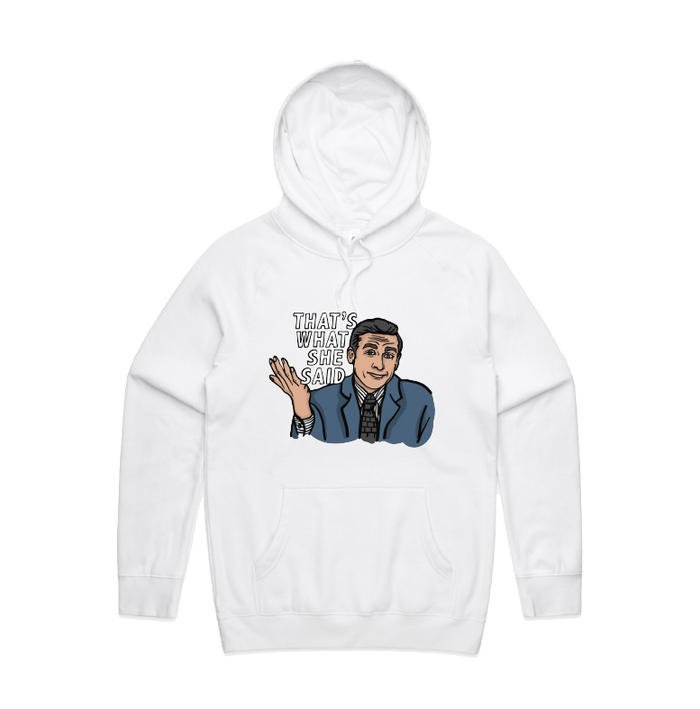 S / White / Large Front Design That's What She Said 🖨️ - Unisex Hoodie
